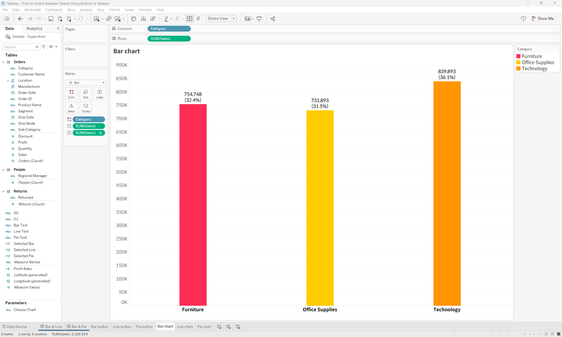 How to switch between sheets using buttons in tableau